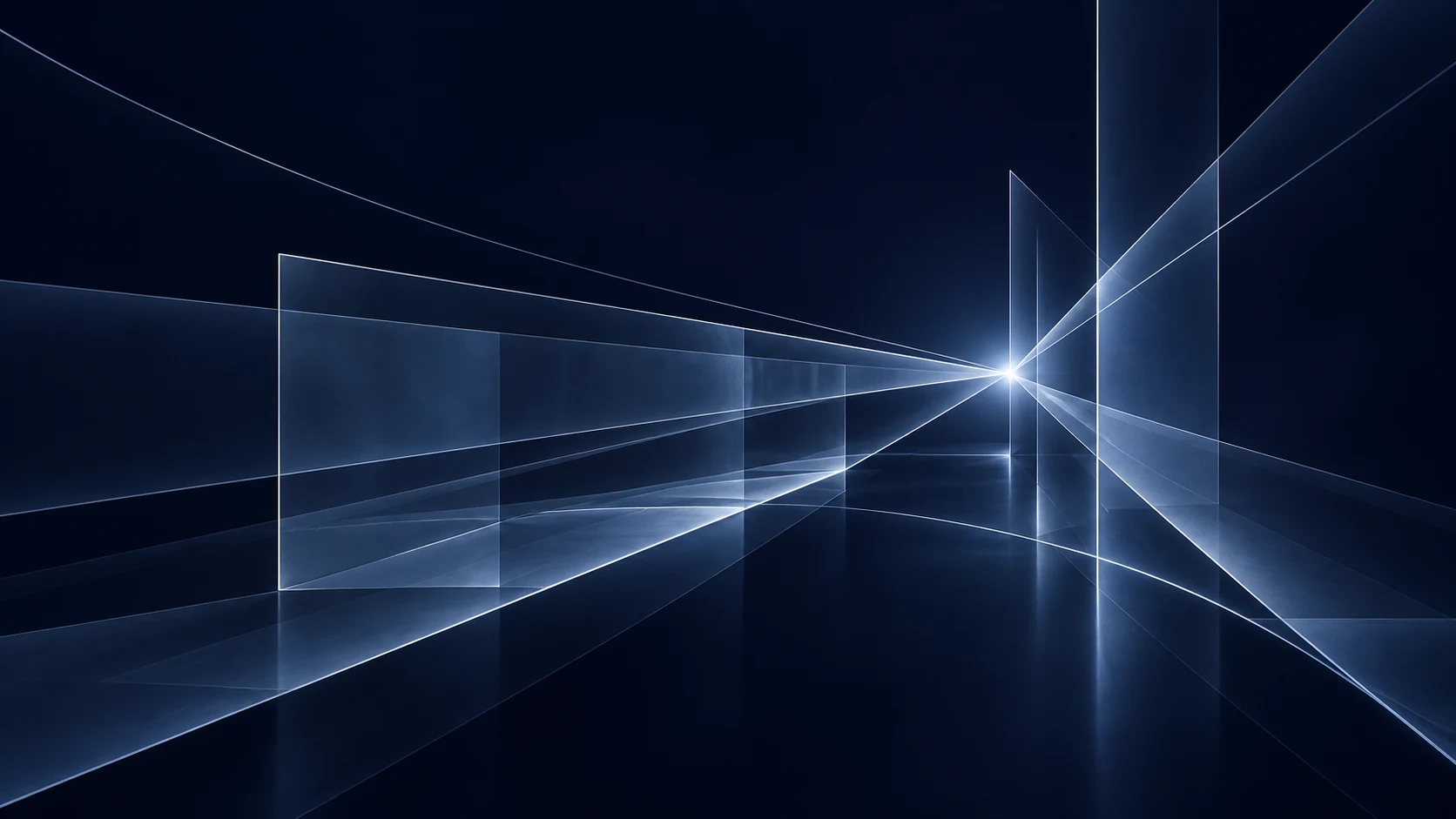 Silver-blue strands converge on a single luminous point against a midnight-blue background.